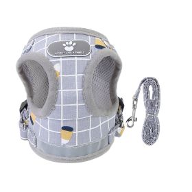 Pet Mesh Harness Dog Leash Set Reflective Chest Strap Adjustable Puppy Vest For Puppies Breeds Dogs Cats Walking Outdoor (Option: Leash GreyCheckeredXL)