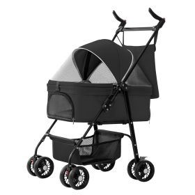 4 Wheels Pet Stroller Foldable Carrier Strolling Cart Travel Jogger Pet Stroller with Removable Liner Storage Basket for Dog Cat (Option: PetStroller Black)